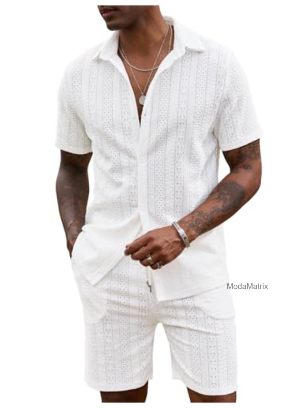 Mens 2 Piece Short Set Hollow Out Button Down Shirt and Shorts Hawaiian